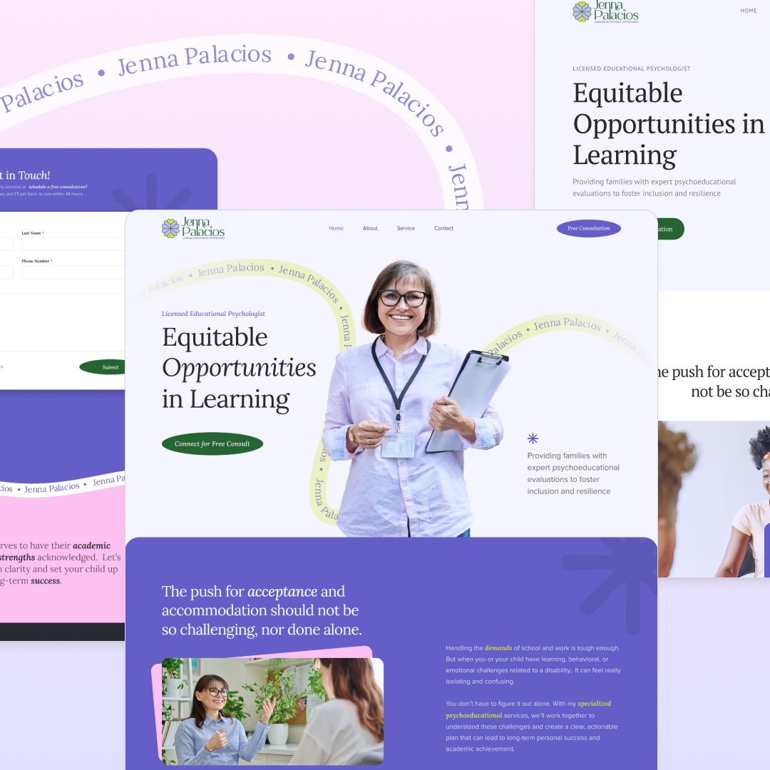 Full service 19 A website mockup with a header reading Equitable Opportunities in Learning features a smiling woman holding a clipboard. The design includes circular name patterns and sections highlighting unlimited graphic design options, contact details, and consultation services.
