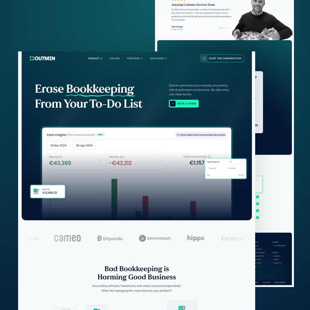 Website promoting accounting services with a header reading Erase Bookkeeping From Your To-Do List. Features a financial dashboard showcasing a chart and monetary figures, enhanced by logos of brands like Cameo and Hippo, complemented with unlimited graphic design for seamless visuals.