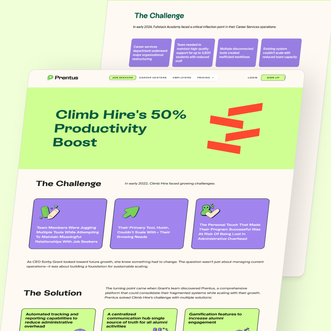 Full service 21 Two web page snapshots highlight Climb Hires productivity boost. The page outlines challenges and solutions, emphasizing a 50% productivity increase. With a design subscription featuring green and purple colors, it showcases bold headers and brief, clear sections.