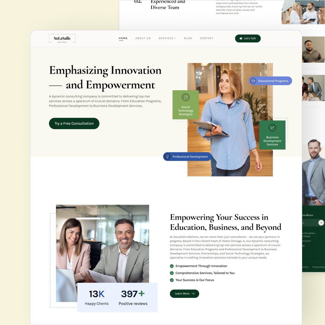 Custom Illustrations 21 The screenshot of a consulting agencys website showcases a sleek design with the agencys logo and navigation menu. The main section, emphasizing innovation and empowerment, features a smiling individual. Impressive stats like 13K Happy Clients underscore their success in unlimited graphic design solutions.