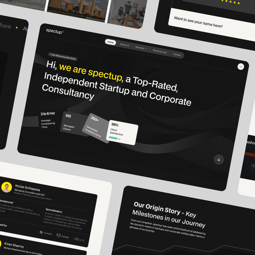 Full service 11 A digital collage showcases a websites dark-themed homepage, highlighting a consultancys top-rated services and unlimited graphic design options. Featuring metrics like 98% client satisfaction, it includes sections on team members and company milestones.