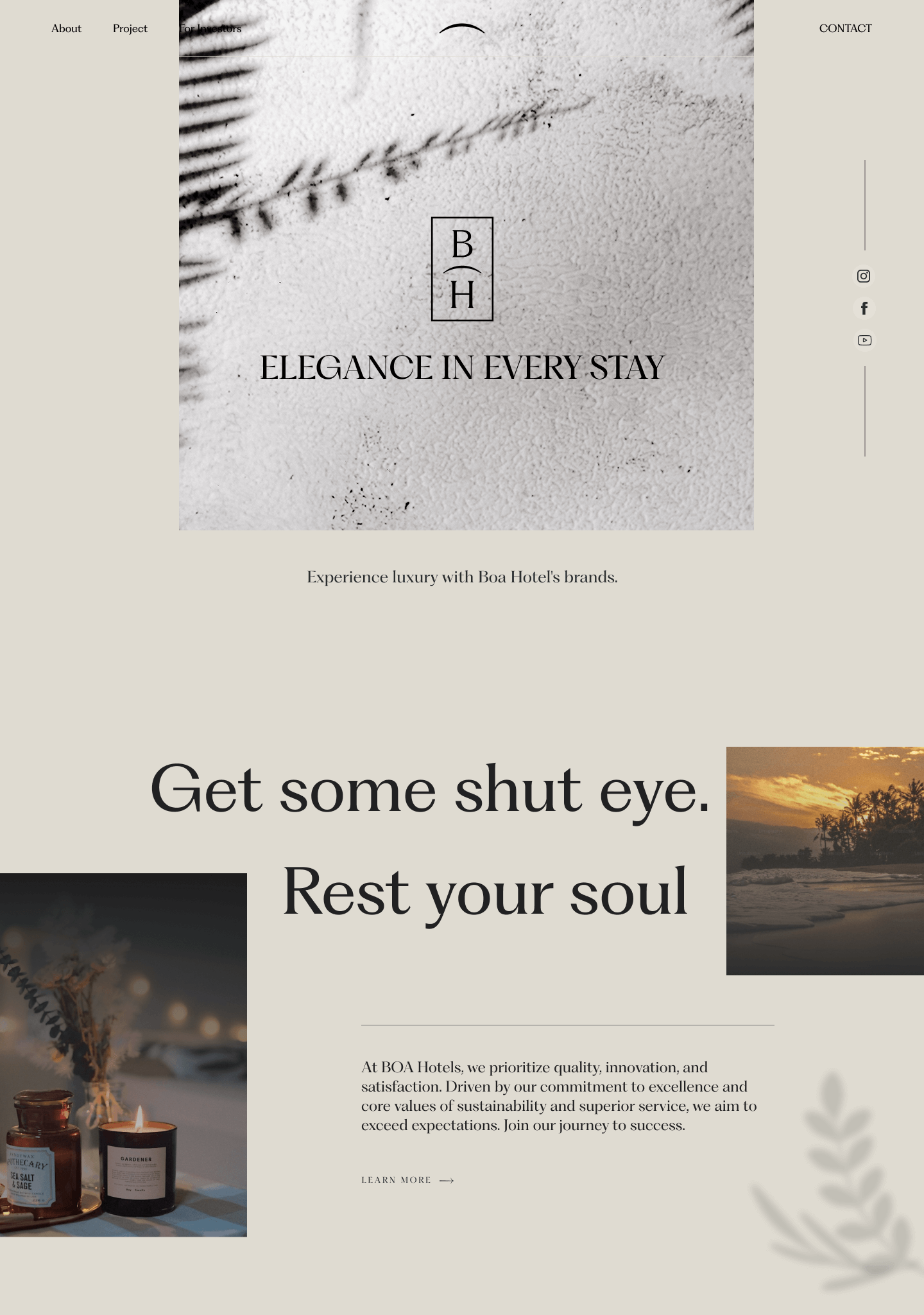 Ecommerce Development 2 Minimalist hotel advertisement with a monochrome branch, a logo, and the phrase Elegance in every stay. Text reads: Get some shut-eye. Rest your soul. Images of candles and a scenic waterfront featured. Discover how our design subscription sets the scene. Sections for About, Project, and Contact are visible.