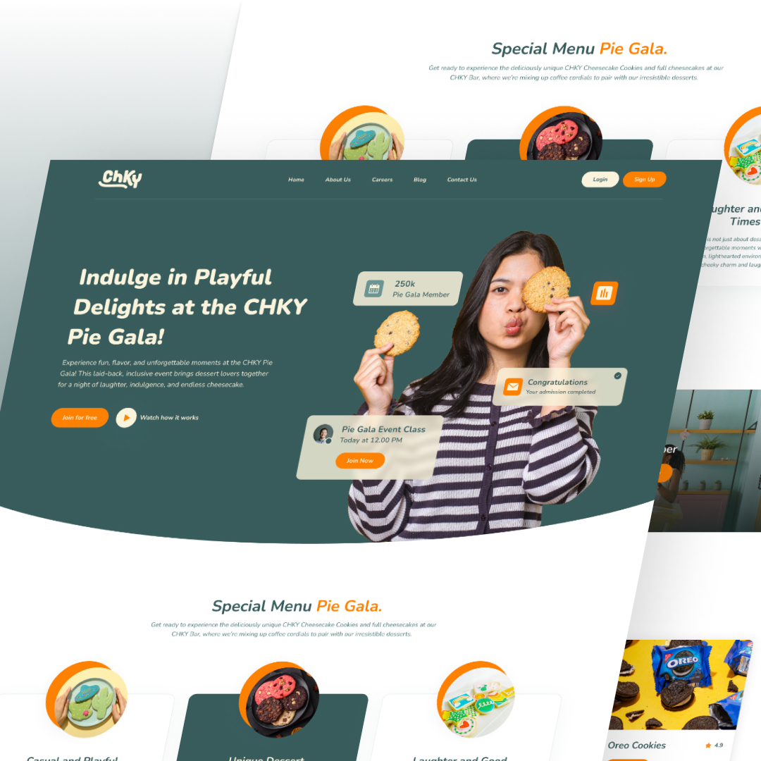 Full service 17 A website homepage with a green background showcases a person playfully holding cookies over their eyes. The text highlights the CHKY Pie Gala event, member benefits, and cookie options. Discover unlimited graphic design offers and special menu items displayed at the bottom.