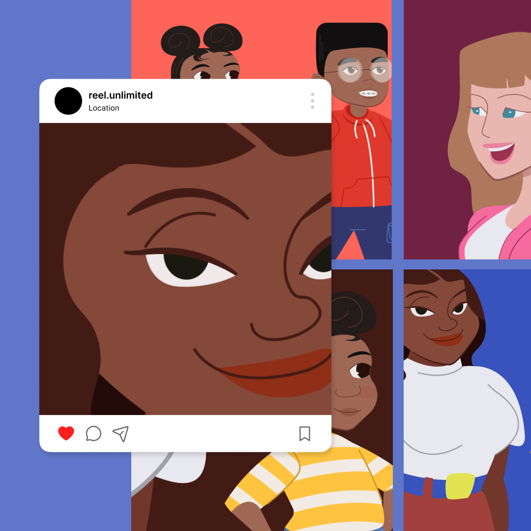 Custom Illustrations 31 Illustration of diverse cartoon characters with varied expressions. Centered is a character seen through a phone screen with an Instagram-like interface, showcasing reel unlimited creativity. Background features others in different poses against colorful panels.