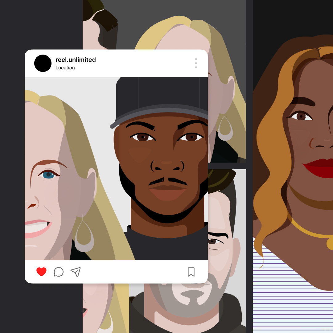 Custom Illustrations 32 Illustration of a social media post showcasing diverse avatars with various skin tones and hairstyles. One central figure sports a black cap. The avatars are framed within a phone screen interface, highlighting the benefits of an unlimited design subscription service for your reel unlimited creativity.