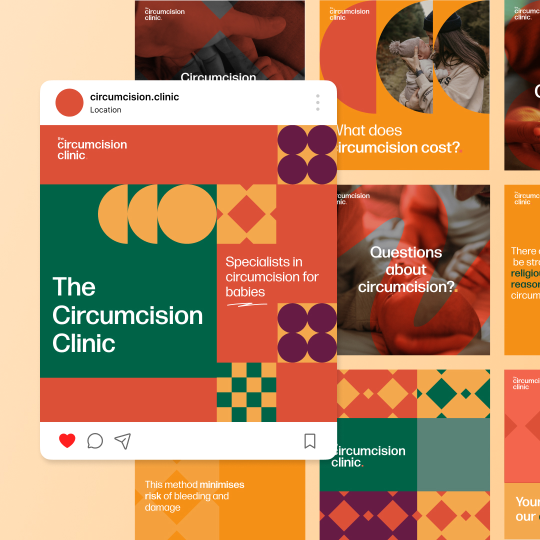 A vibrant collage promotes a circumcision clinic, featuring bold geometric patterns and text: The Circumcision Clinic and Specialists in circumcision for babies. With warm hues and questions about the procedure, its designed with unlimited graphic design creativity.