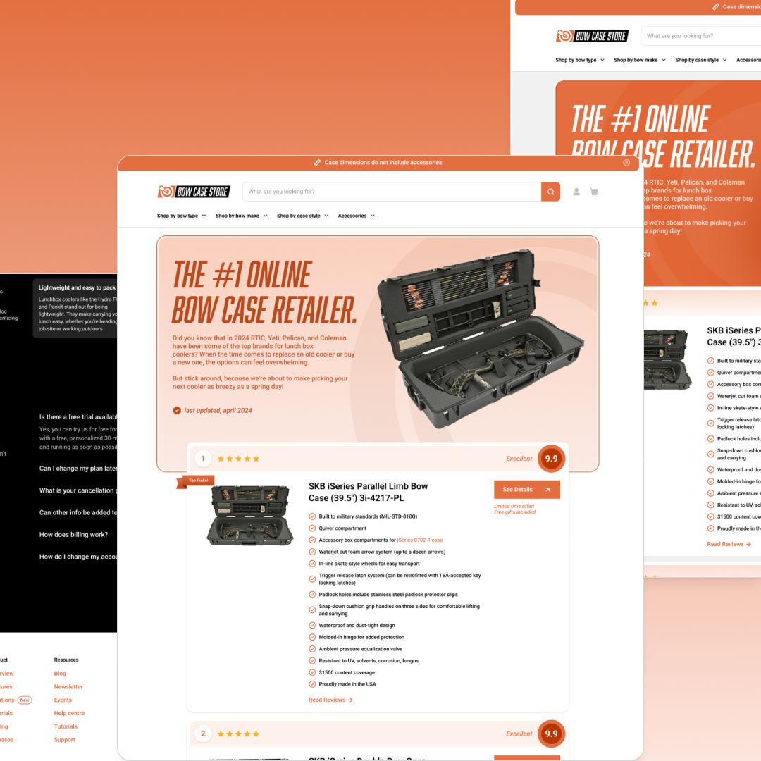 Full service 12 A webpage showcasing an online bow case retailer prominently features a header proclaiming The #1 Online Bow Case Retailer and includes an SKB Series Parallel-Limb Bow Case with image, price, ratings, and purchase button. Explore our design subscription for unlimited graphic design enhancements.