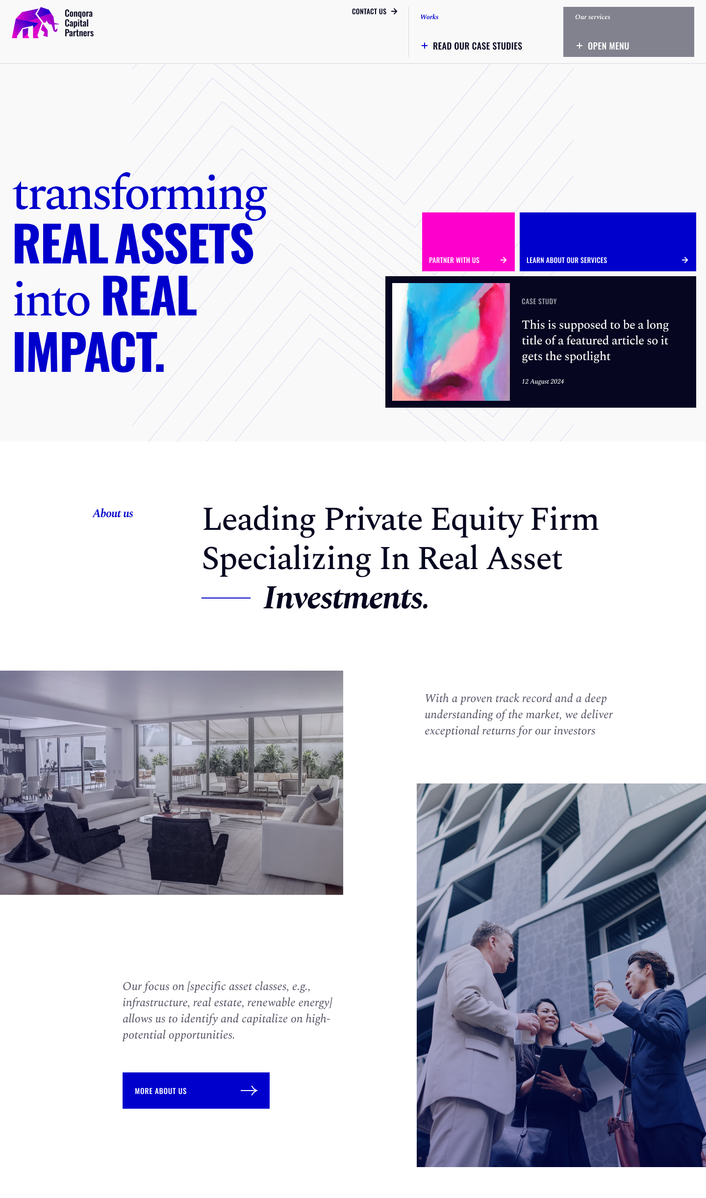 Ecommerce Development 5 Discover our private equity firm’s homepage, elegantly designed with a purple and white palette. Boldly stated, transforming real assets into real impact, it showcases our services and case studies. Experience the modern office vibe while exploring our design subscription offerings.