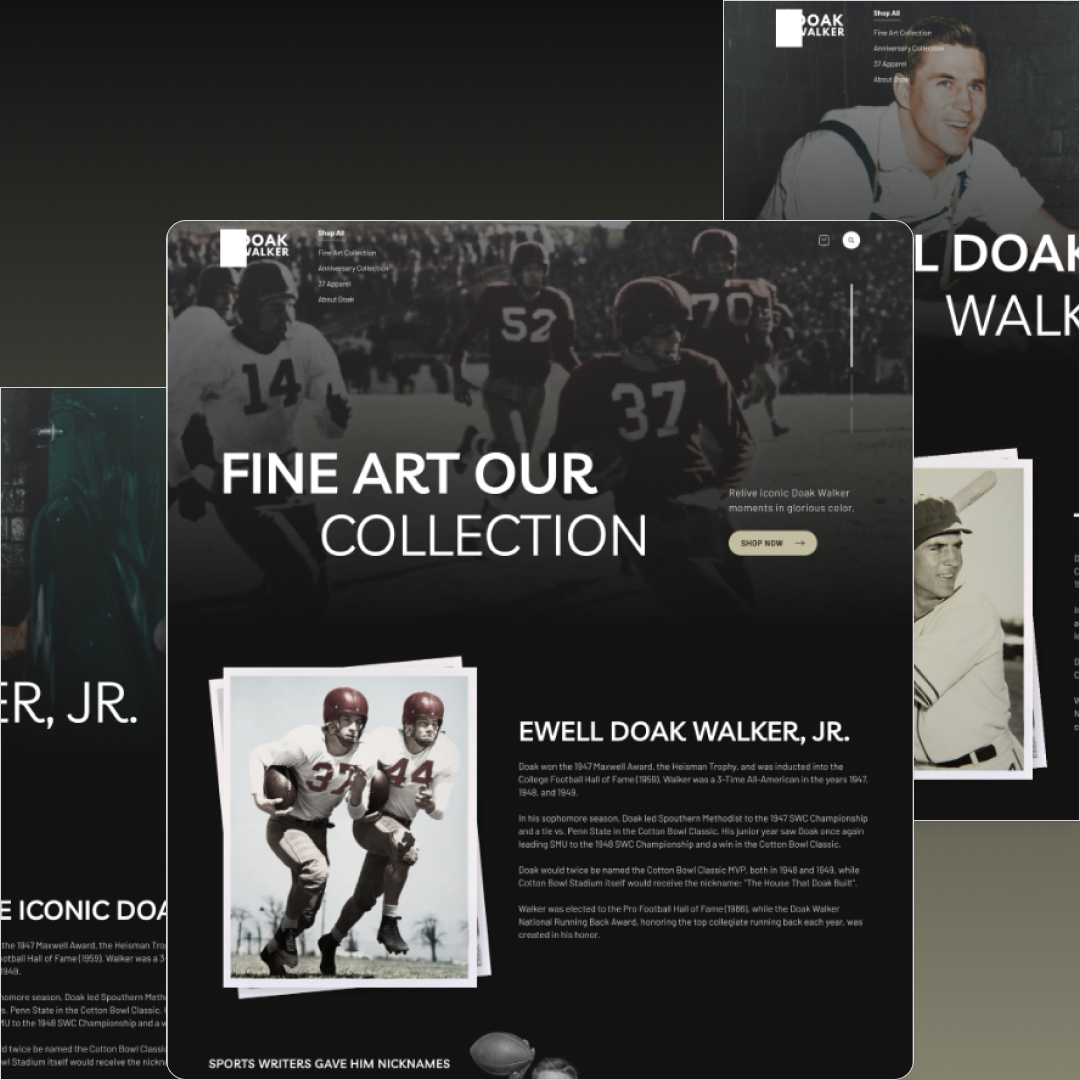 Full service 4 A digital display showcasing a collection of fine art centered around Ewell Doak Walker, Jr. features a blend of vintage football images and career text. Subscribers to our unlimited graphic design service can access exclusive sports designs and curated content.