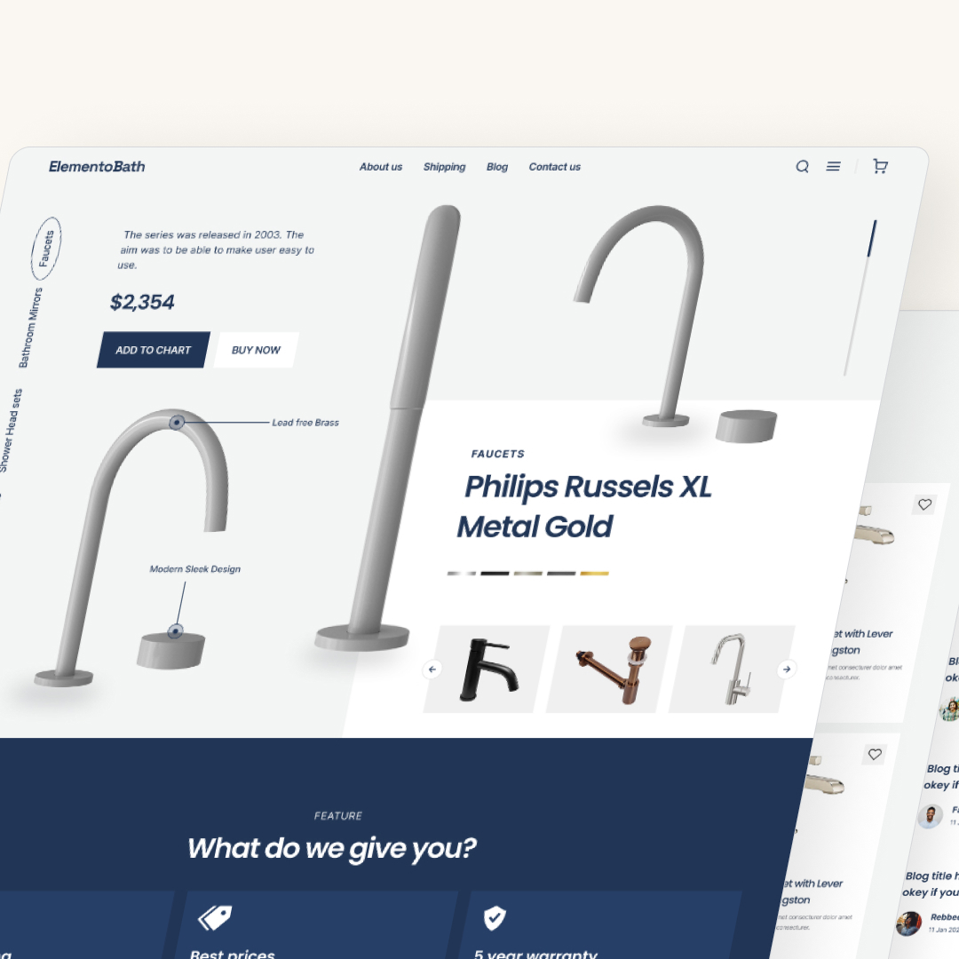 Full service 20 A website layout showcasing a modern faucet design, featuring the Philips Russels XL Metal Gold. Explore pricing, product details, and menu options for shipping, about us, and shop. Enjoy unlimited graphic design insights with our highlighted features.