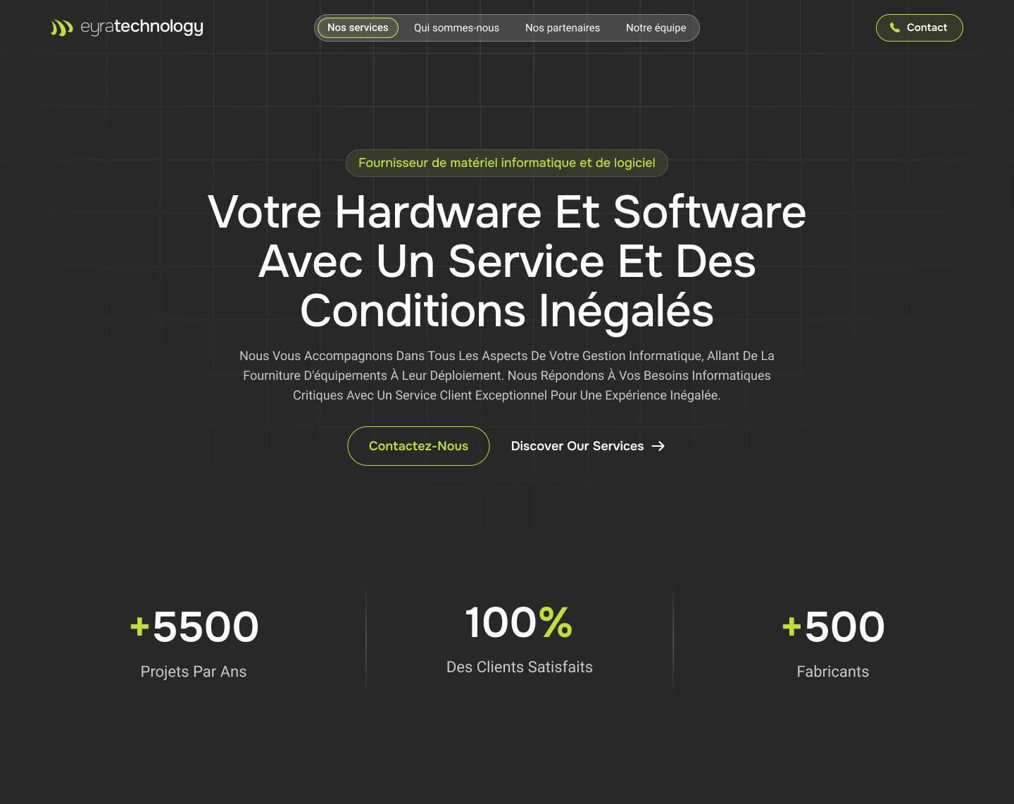 Ecommerce Development 6 A website homepage for eyratechnology with a dark background and French text promoting hardware and software services. It boasts +5500 projets par ans, 100% des clients satisfaits, +500 fabricants, and offers unlimited graphic design. Buttons: Contactez-nous and Discover Our Services.