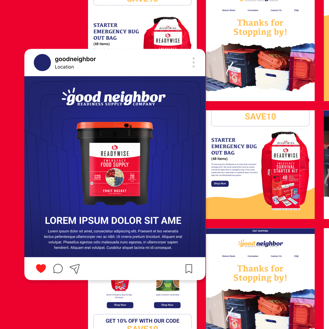 Startups 10 Collage of promotional materials for Good Neighbor Readiness Supply Company, showcasing emergency gear like starter bug-out bags and survival food buckets. Enjoy discount codes and social media post design with branding in red and blue through an unlimited graphic design subscription.