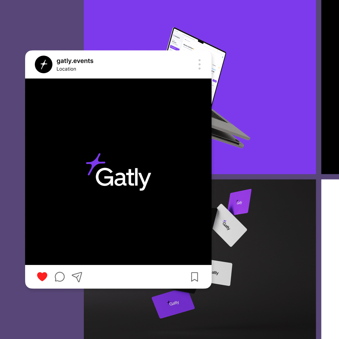 Reel Unlimited 3 Instagram post showcasing the Gatly logo in white on a black background. Below, branded business cards in purple and white seem to float effortlessly. A laptop with a purple screen emerges against a sleek purple and black background, highlighting our unlimited design subscription service.