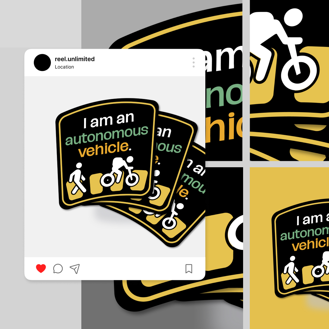 Custom Illustrations 16 Stack of bumper stickers featuring a bike and the text I am an autonomous vehicle. The design boasts a striking yellow and black color scheme, perfect for sharing in a social media post. Consider subscribing to a design subscription service like Reel Unlimited to keep your ideas fresh.