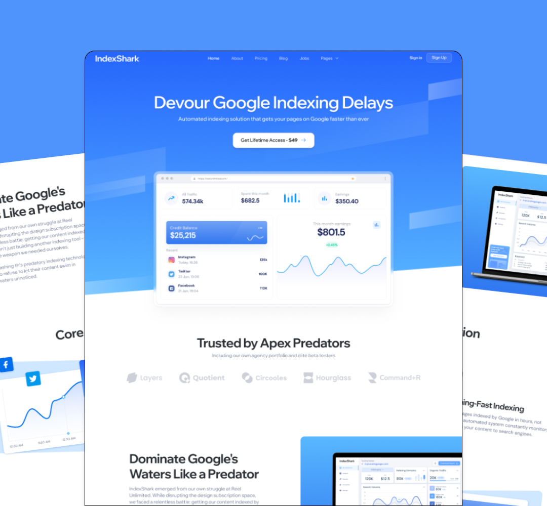 Custom Illustrations 24 Screenshot of a webpage for IndexShark, featuring a blue gradient background. The main heading says Devour Google Indexing Delays. A graph and metrics are displayed, along with a call-to-action button offering lifetime access akin to an unlimited graphic design service.