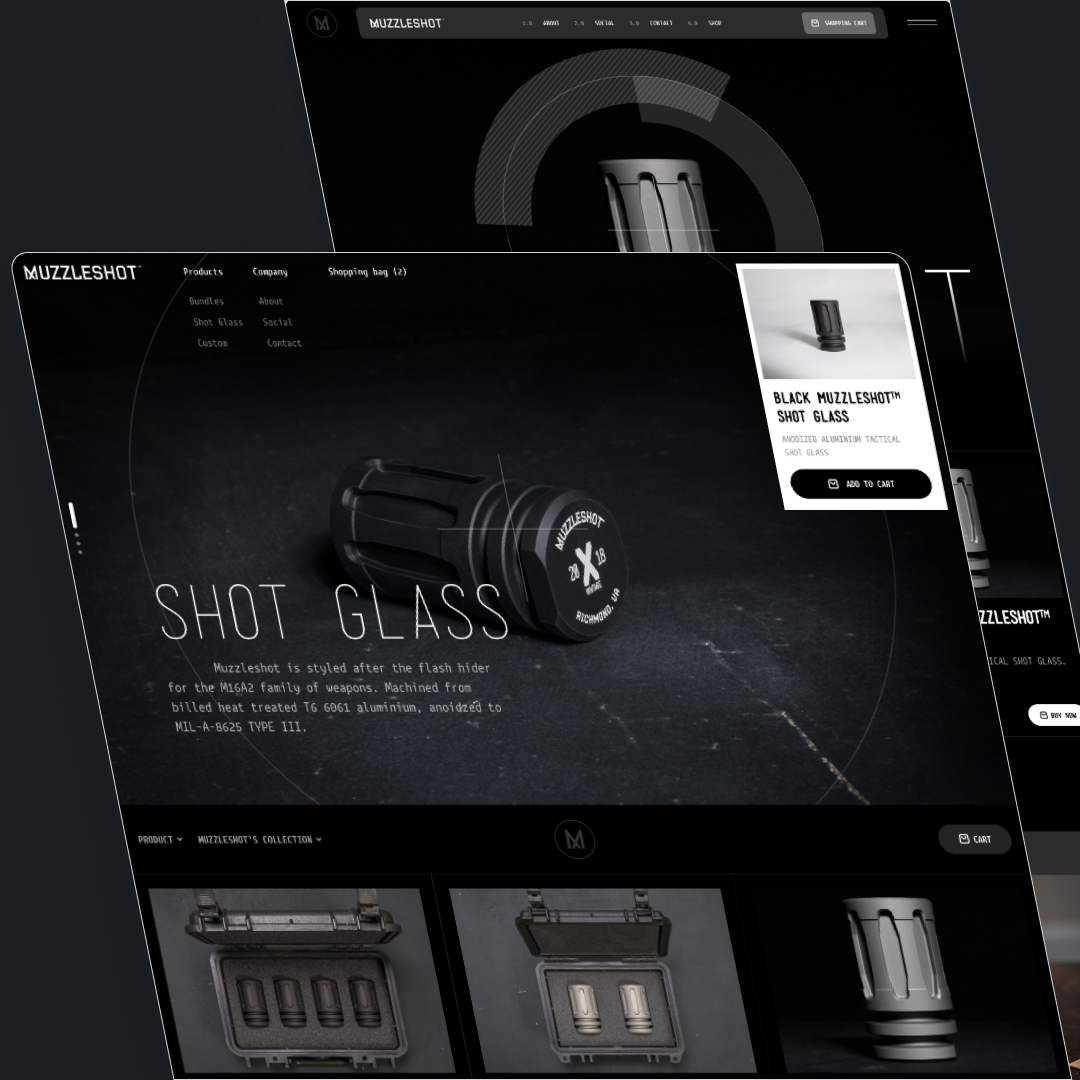 Full service 14 A website showcasing Muzzleshot shot glasses styled after flash hiders for the M16A2, featuring product images with a dark background and sleek design elements. Consider adding our design subscription service for unlimited graphic design updates to keep your collection fresh.