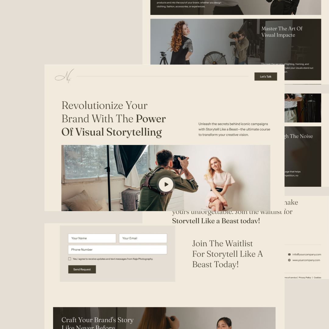 A webpage highlighting a marketing service for visual storytelling, featuring images of people with cameras and text promoting brand narratives. It offers an option for a design subscription. A video play button and contact form with Send Request are prominently displayed.