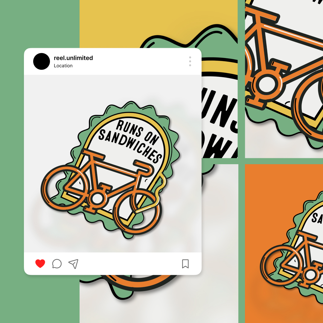 Custom Illustrations 3 Graphic of a bicycle with the phrase Runs on Sandwiches. Styled as a social media post, it features a white background and orange border accents, showcasing creativity. Enhance your feed consistently with Reel Unlimiteds graphic design subscription service.