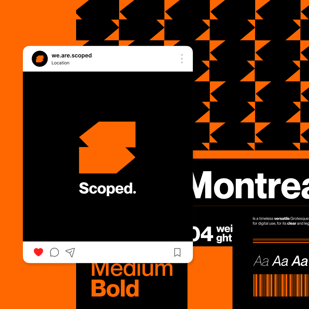 Startups 2 Abstract design featuring orange and black geometric patterns with a small Instagram-style post showing the Scoped logo. The background includes Montreal and font styles like Medium Bold, all crafted under an unlimited graphic design subscription for endless creative possibilities.