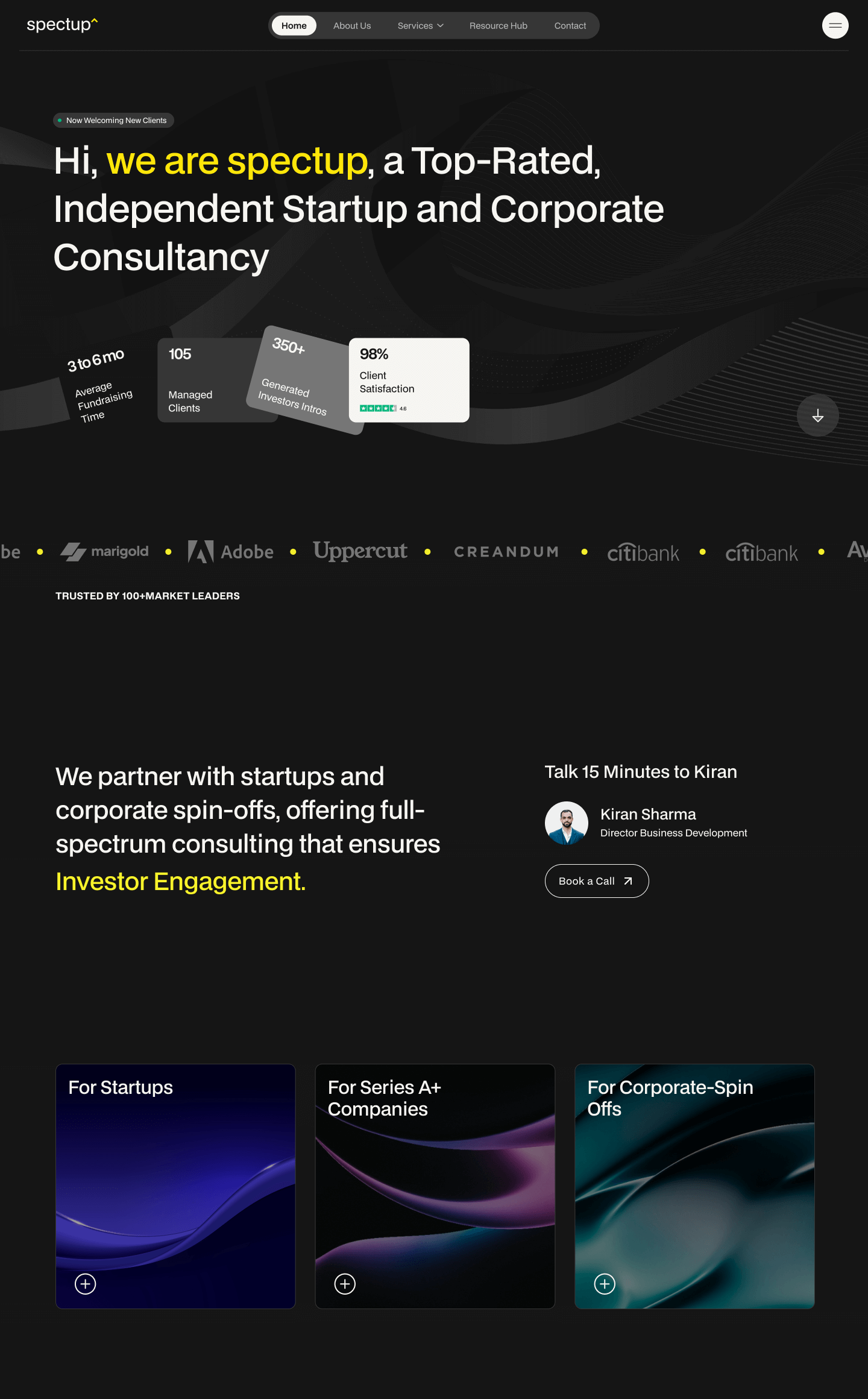 Ecommerce Development 3 A webpage for Spectup, highlighting their consultancy services and design subscription options. Includes service statistics, company logos, and sections for startups, series A+ companies, and corporate spin-offs. Features an option to book a call with consultant Kiran Sharma.