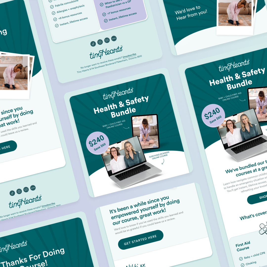 Full service 10 A set of eight cards promotes the tinyHearts Health & Safety Bundle, highlighting its value with images of people and a laptop showcasing online courses. With teal backgrounds and bold text, its an offer as flexible as an unlimited graphic design subscription.