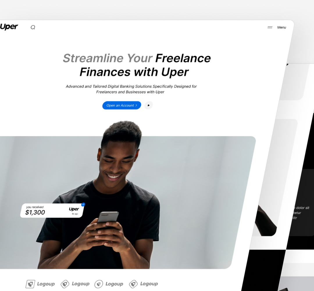 Full service 18 A website interface for Uper, promoting financial services for freelancers. It features a smiling person holding a phone, with text about streamlining freelance finances with unlimited graphic design support. Shows a bank balance notification of $1,300.