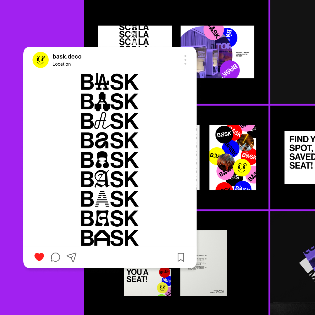 Custom Illustrations 23 A digital collage featuring an Instagram post from bask.deco displays the word BASK in diverse styles. Surrounding the post are eclectic typography and vibrant graphics on a black background, showcasing unlimited graphic design possibilities.
