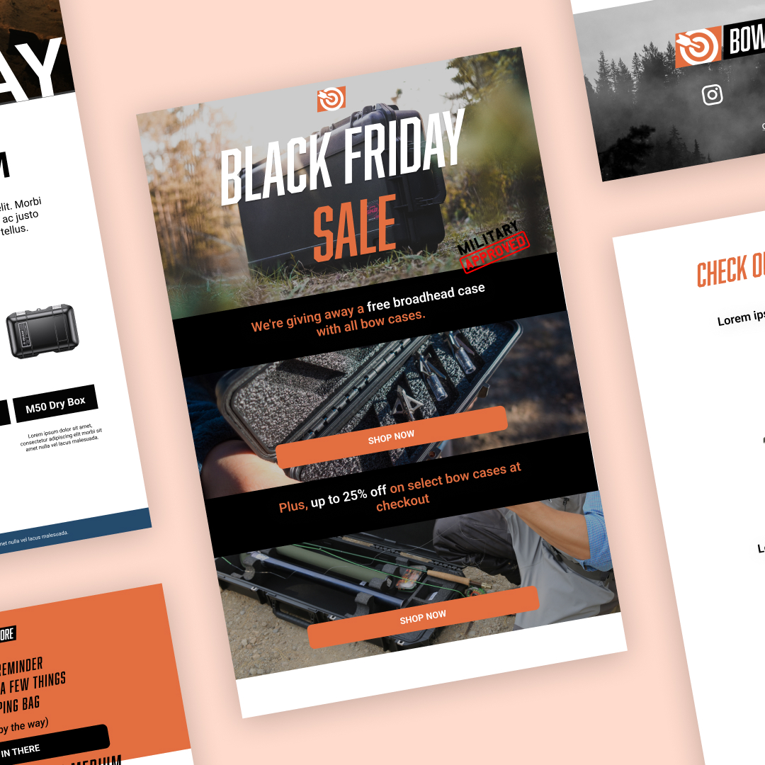 Custom Illustrations 29 A promotional image showcases a Black Friday Sale with bold text, highlighting a free broadband bow case offer and up to 25% off select cases. Enjoy unlimited graphic design services, all set against a backdrop of outdoor gear and a misty forest scene.