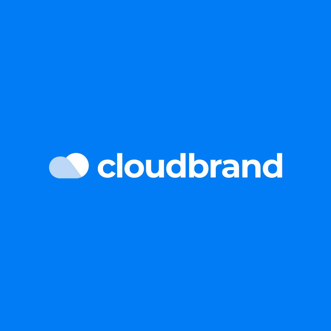 Full service 9 A blue background showcases a white cloud icon beside the text cloudbrand in bold white font, subtly hinting at unlimited graphic design possibilities offered through a unique design subscription service.