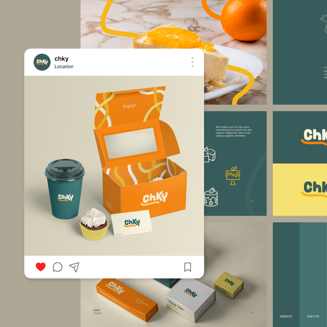Startups 8 Instagram-style post showcasing Chky branding: a branded coffee cup, cupcake, and open Chky box with swirly orange and cream designs. The background features dessert pictures and additional Chky elements, highlighting the allure of unlimited graphic design through our exclusive design subscription.