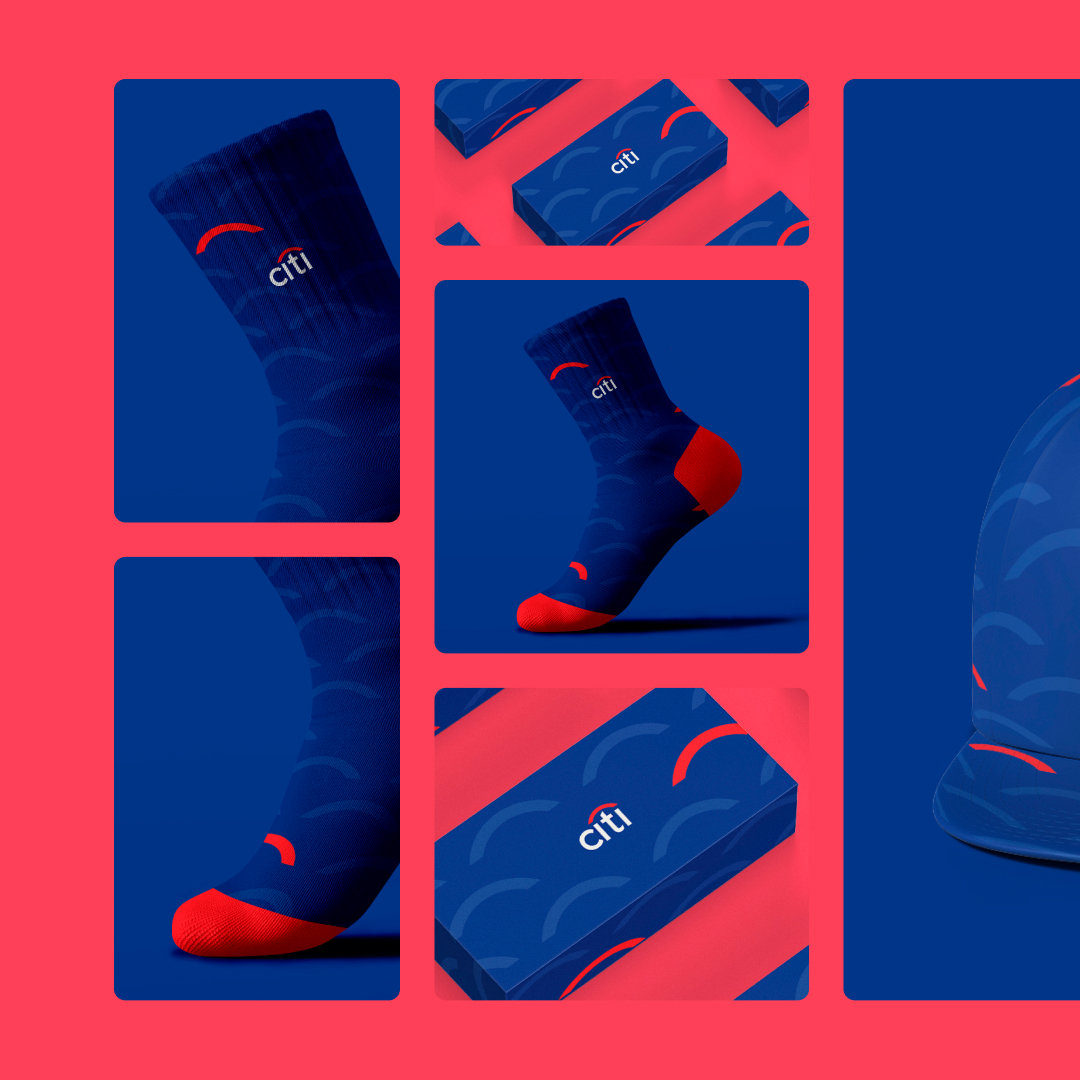 Startups 7 Collage of items with a red and blue color scheme: socks displayed in various angles, close-ups of a blue cap with red patterns, and blue boxes with a red motif. Perfect for those seeking unlimited graphic design inspiration featuring the word citi.