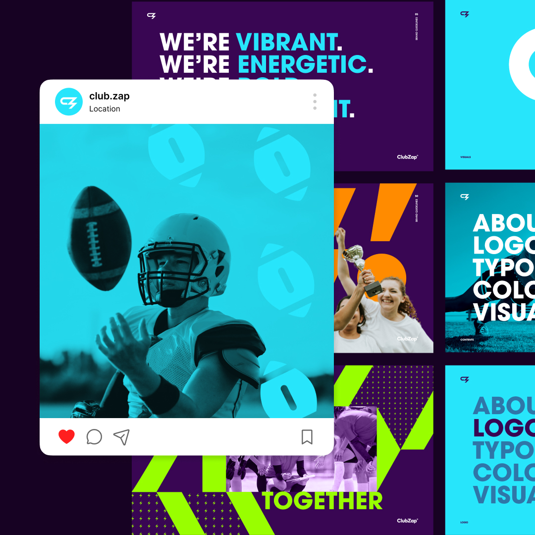 Startups 6 Collage of vibrant sports-themed graphics. Central image shows an American football player catching a ball, overlaid with a blue filter. Surrounding text features motivational phrases like Were vibrant, Together, and emphasizes unlimited graphic design along with logo typography and color visual.