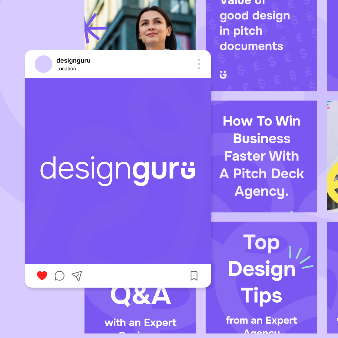 Creative-as-a-Service 3 Collage with a purple theme featuring a womans face at the top, an Instagram-style post in the center with designguru text, and sections titled How To Win Business Faster With A Pitch Deck Agency and Top Design Tips from an Expert Agency. Consider design subscription for unlimited graphic design ideas.