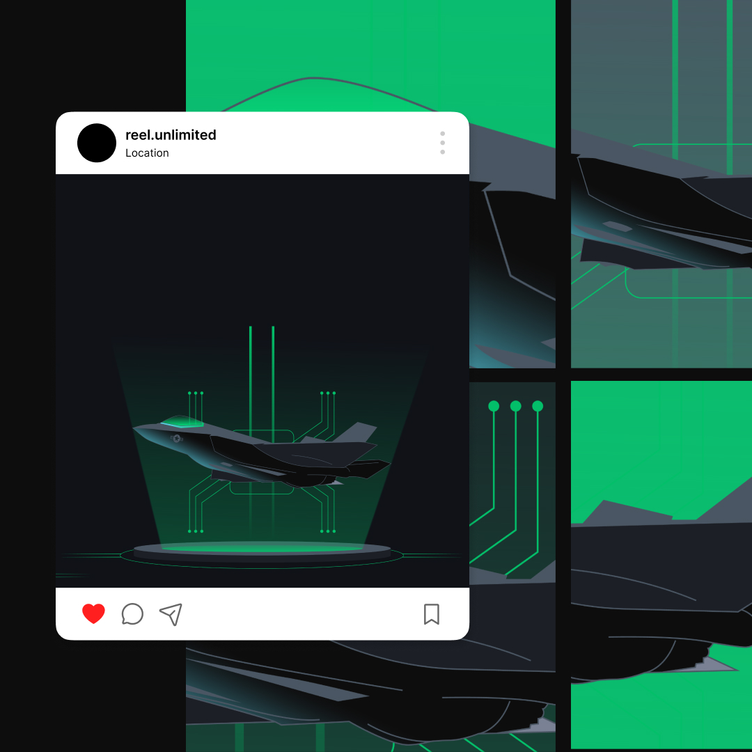 Custom Illustrations 2 Graphic featuring a stylized fighter jet inside a futuristic digital interface, seamlessly crafted with unlimited design solutions. The image is split into sections, displaying various abstract elements in green and black tones. Instagram-like layout icons are visible below the main image.