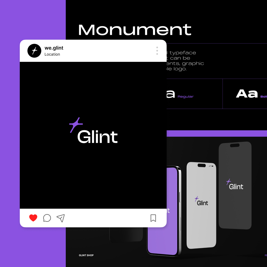Startups 4 A promotional graphic showcasing the Glint phone case on a dark background highlights unlimited graphic design possibilities. Includes a mock Instagram post featuring the logo, with font styles and examples displayed on various phone models.