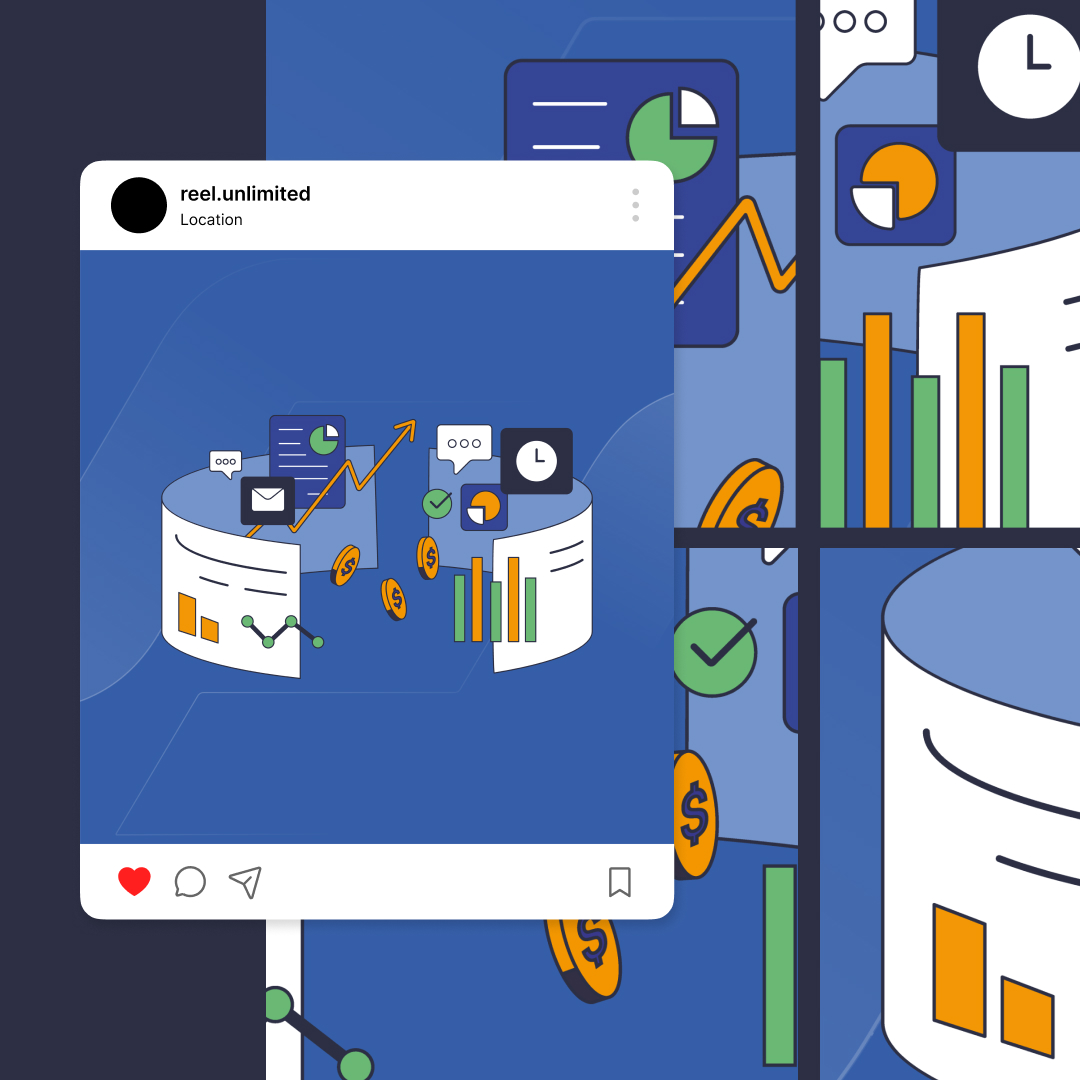 Custom Illustrations 8 Abstract digital illustration showcasing graphs, charts, and dollar symbols. It highlights rising trends with email, clock, and chat icons on a blue background. Styled as a social media post with a username at the top left. Ideal for those seeking unlimited custom illustrations to enhance engagement.