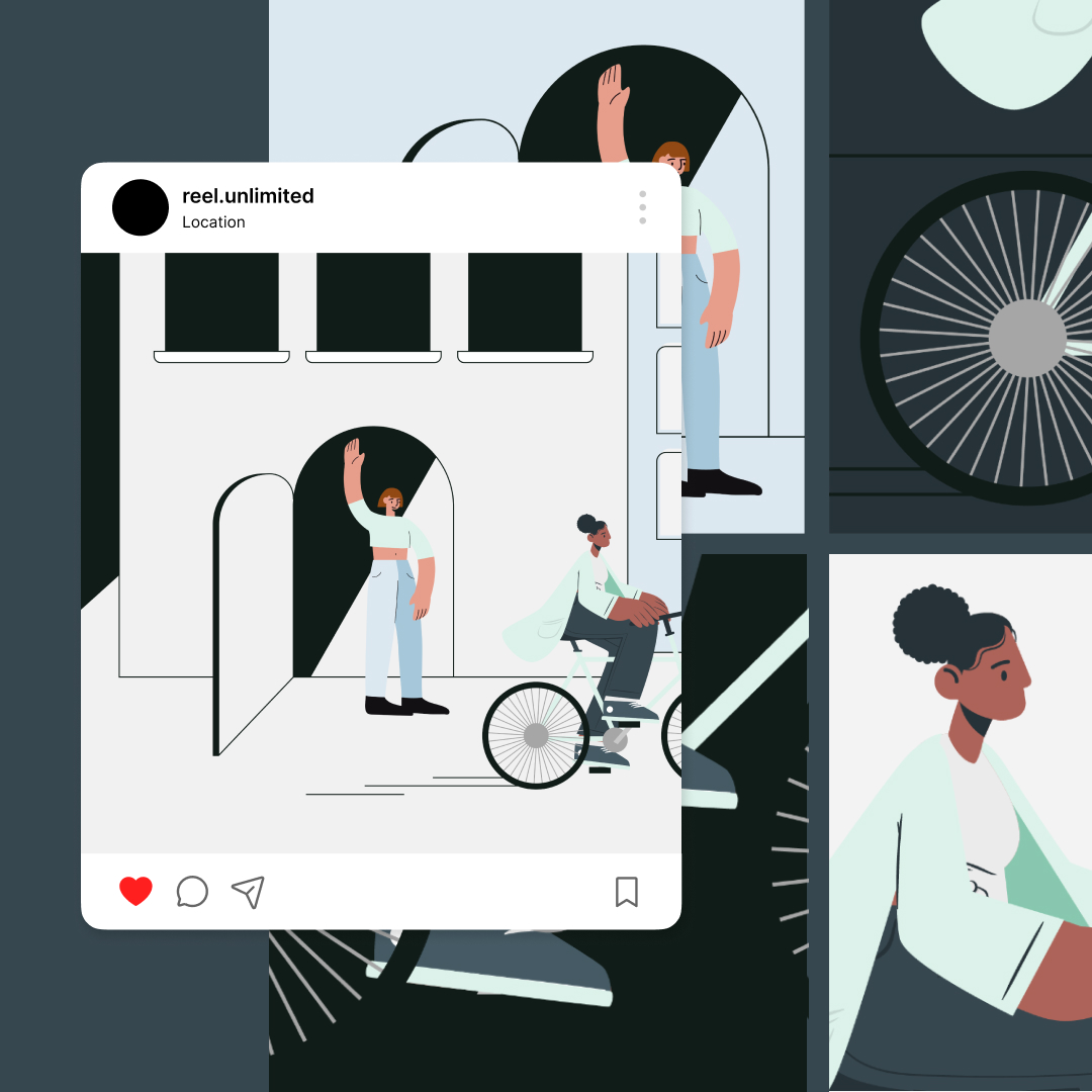 Custom Illustrations 4 Illustration of a man waving in front of an archway and a woman on a bicycle, layered over a collage with wheels and geometric patterns. An Instagram-like interface overlays the image with user reel.unlimited, showcasing the arts stunning graphic design.