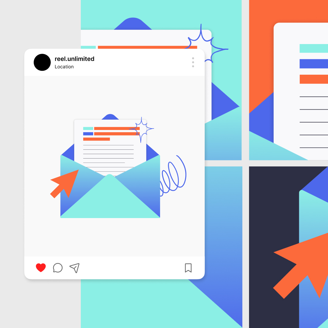 Custom Illustrations 9 Illustration of a social media post featuring an open blue envelope with a letter inside, adorned with abstract shapes. A large arrow suggests interaction, highlighting our custom illustration services. Bright colors of blue, orange, and teal dominate the design.