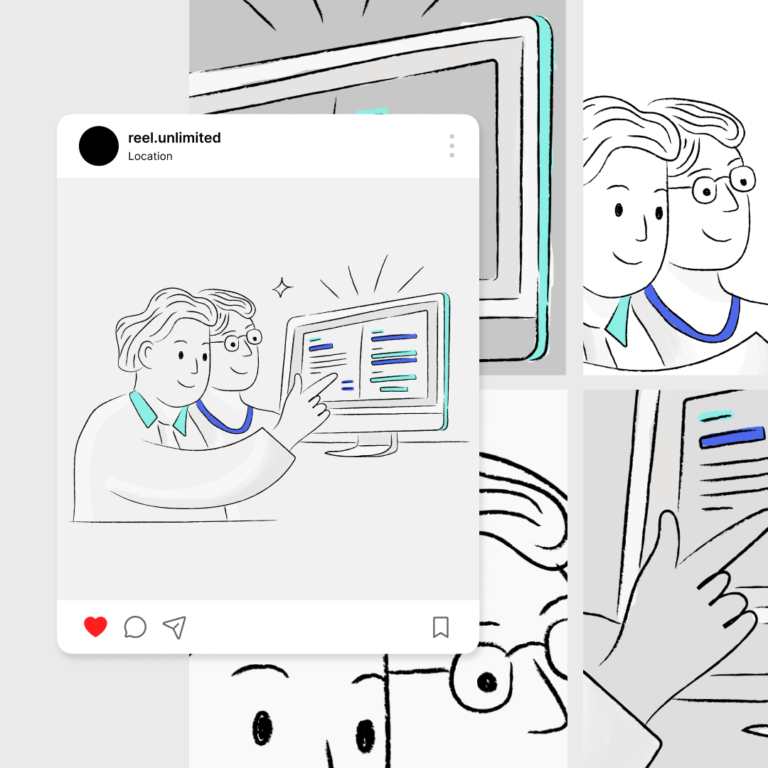 Custom Illustrations 11 Illustration of two cartoon characters pointing at a brightly colored computer screen, surrounded by panels of enlarged details like a finger pointing and their smiling faces. Framed as an Instagram post, it showcases the charm of custom illustrations to capture unique moments.