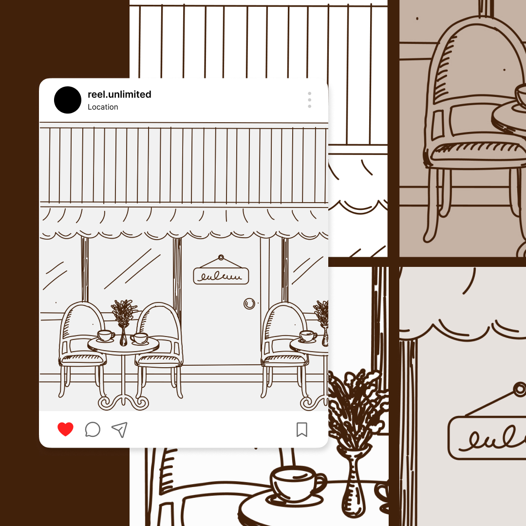 Custom Illustrations 12 Illustration of a café storefront with a striped awning, round tables, and chairs. The cafe sign reads Lulus. An Instagram post overlay shows location and engagement icons. Crafted in a minimalist, sepia-toned style, it showcases the charm of custom illustration services at their finest.