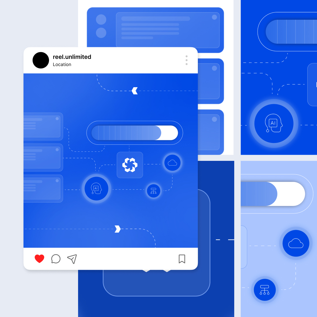 Custom Illustrations 6 Digital artwork featuring custom illustrations with abstract shapes and UI elements in various shades of blue. A central Instagram-like frame includes a slider with surrounding icons. Additional UI components are displayed in adjacent panels, creating a cohesive tech-themed layout.