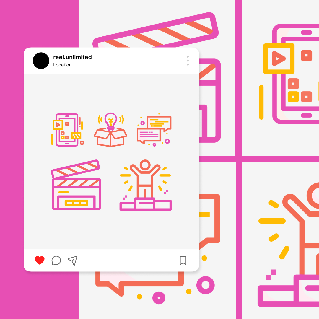 Custom Illustrations 5 A vibrant Instagram post showcases creative icons like a clapperboard and a podium celebration, alongside various media symbols. Bursting with bright pink, yellow, and orange hues on a white backdrop, it highlights custom illustration services for unlimited creative possibilities.