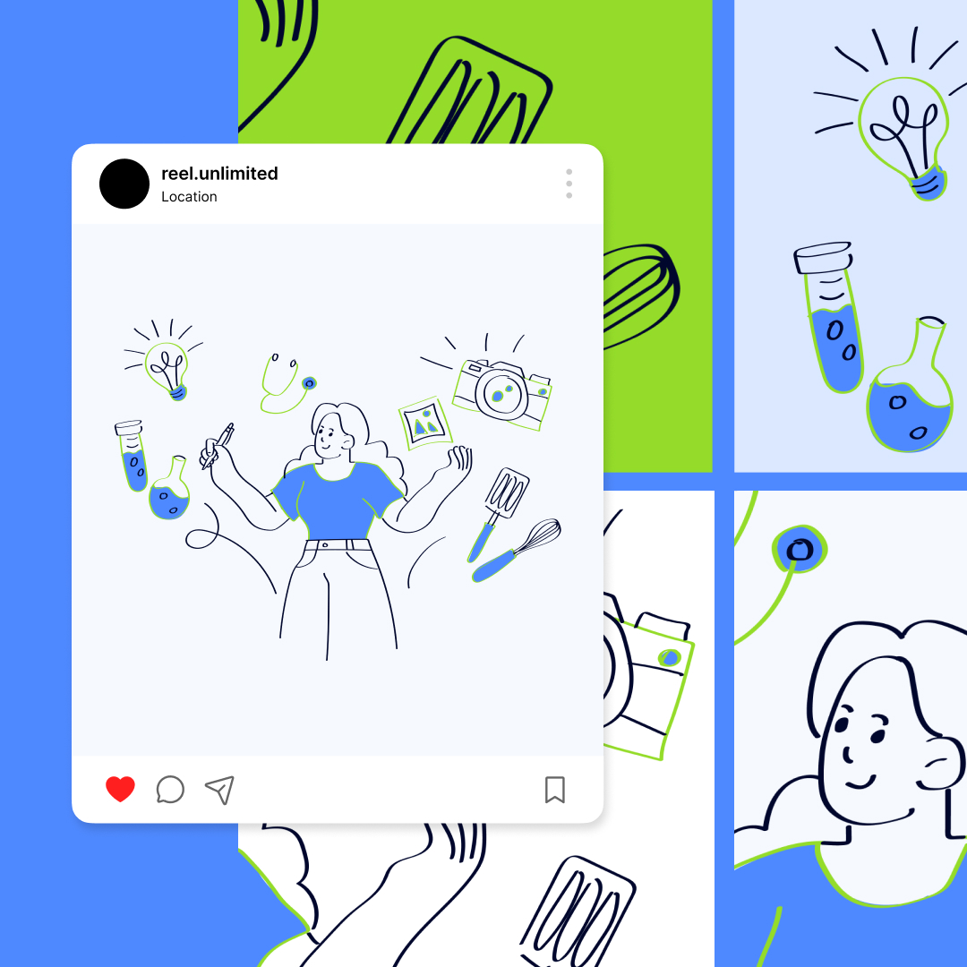 Custom Illustrations 17 Illustration of a person juggling icons representing various creative and scientific tools like a paintbrush, test tube, camera, and light bulb. The scene showcases custom illustrations services with a background divided into blue and green sections featuring abstract line drawings.