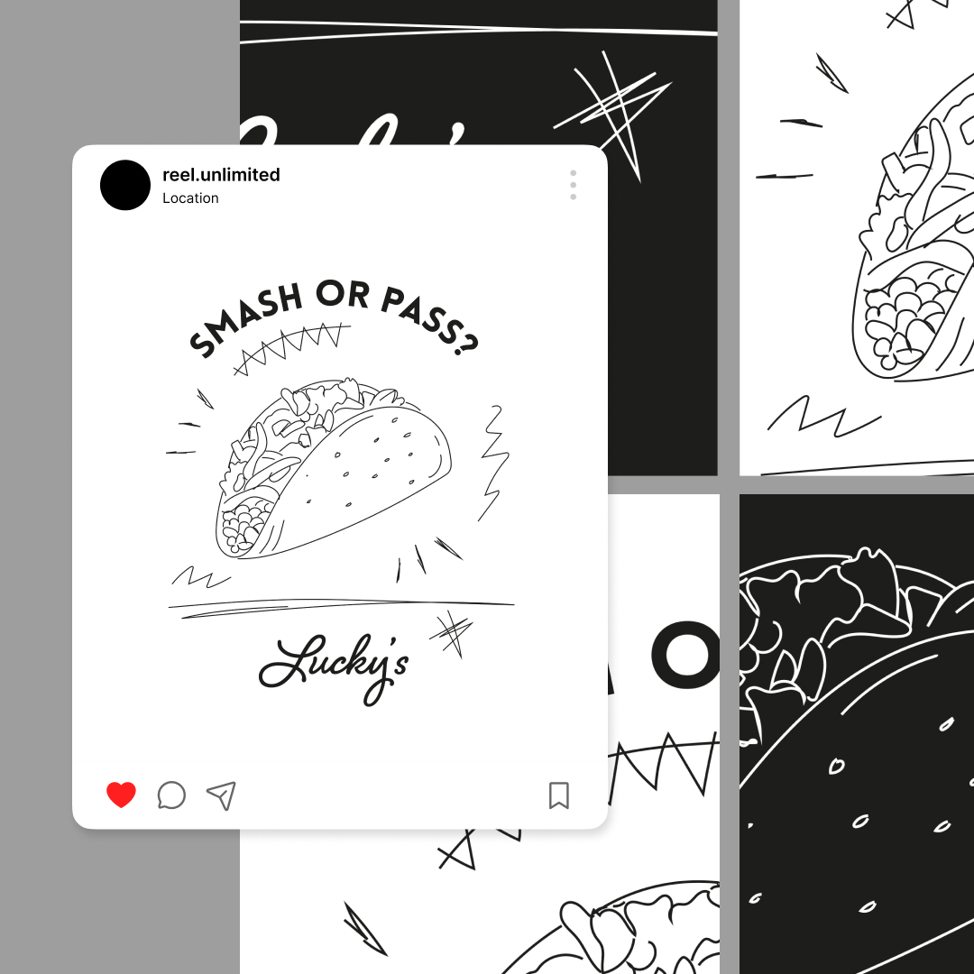 Custom Illustrations 14 Black and white custom illustration of a taco with text above saying Smash or Pass? The word Luckys sits beneath the taco. The background is divided into multiple sections with abstract patterns and designs, highlighting our custom illustration services.