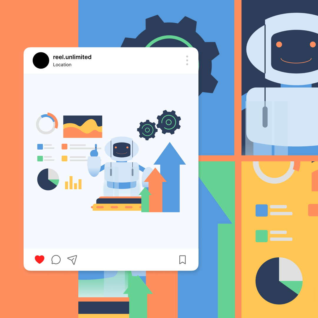 Custom Illustrations 13 A digital illustration of a social media post showcases a robot surrounded by charts, graphs, gears, and arrows. With abstract shapes in blue, orange, green, and yellow tones as the backdrop, it highlights custom illustrations services that bring visionary concepts to life.