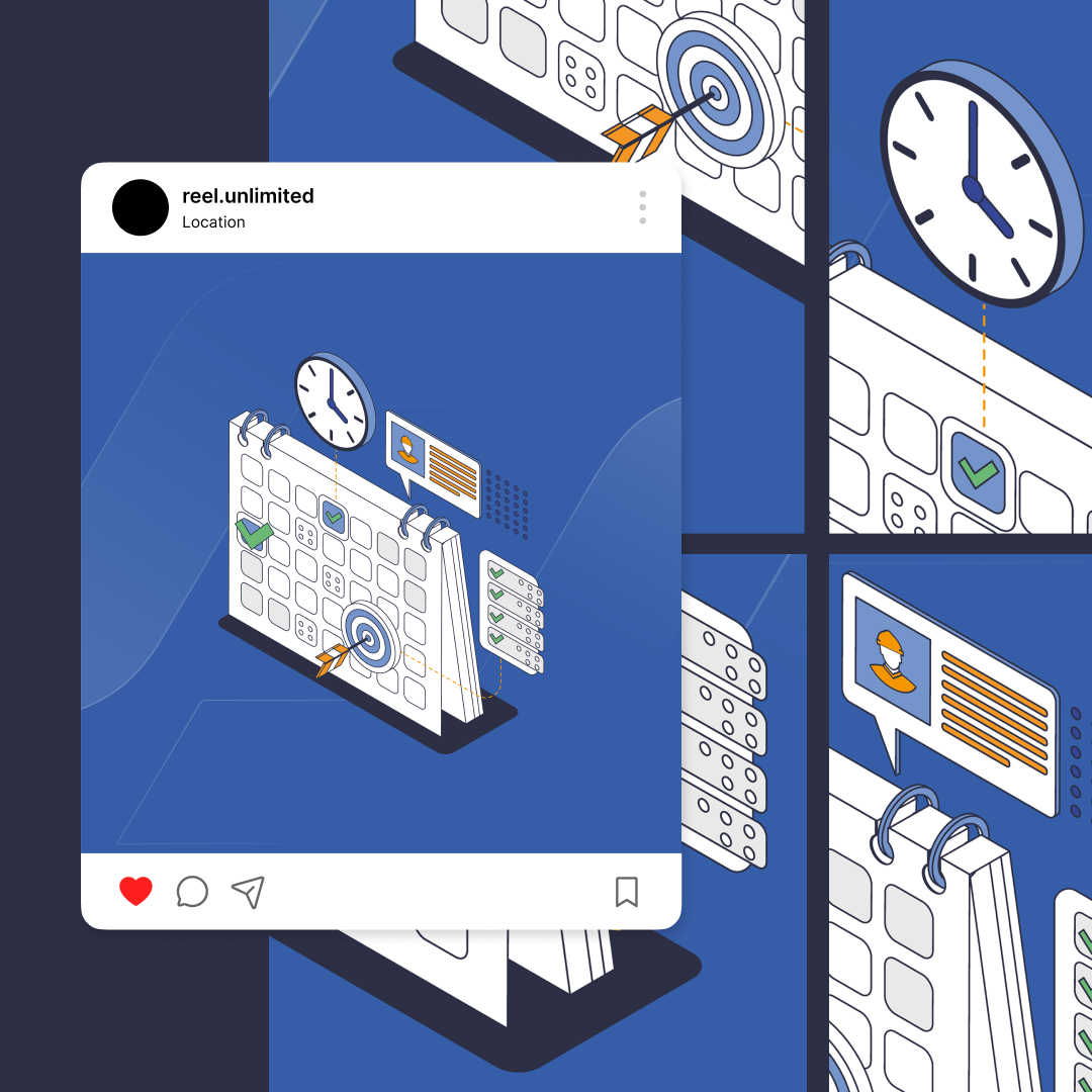 Custom Illustrations 1 Illustration of a digital calendar with icons for scheduling and reminders, like a clock, checkmark, and profile. This bespoke design combines social media post elements with engagement icons at the bottom. Ideal for those seeking custom illustration services.