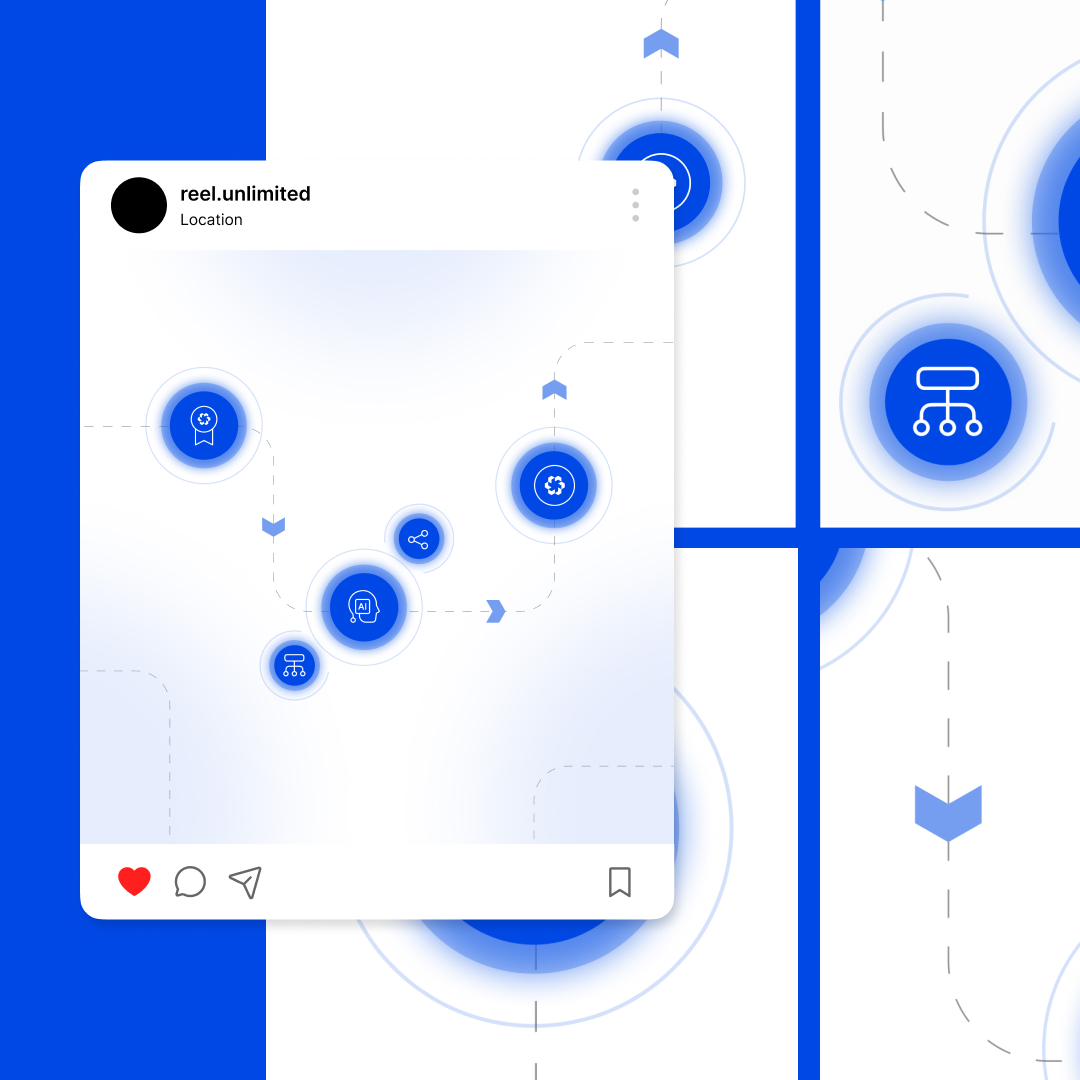 Custom Illustrations 20 Abstract blue and white graphic featuring an Instagram post. The design, crafted through custom illustration services, shows circular icons connected by dotted lines, representing symbols like a light bulb, hierarchy chart, and recycling symbol. Minimalist and futuristic style.
