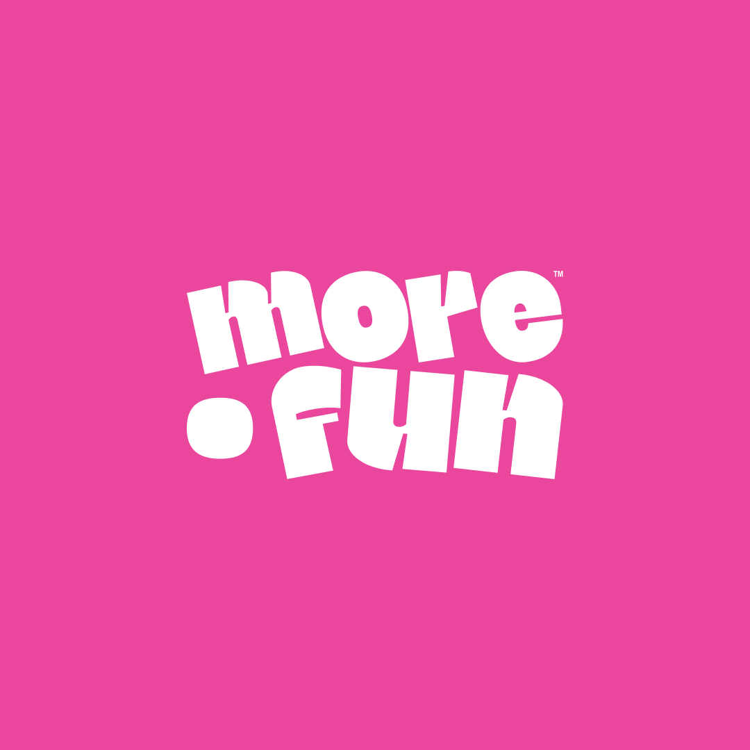 Full service 26 White, playful text spelling more fun on a solid pink background, embodying the vibrant spirit of an unlimited graphic design subscription.