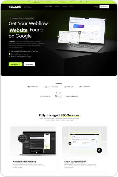 Ecommerce Development 7 A webpage from Flowsider showcasing SEO services for Webflow websites. It features graphics of a laptop with analytics, logos of SEO tools like SEMRUSH, and sections highlighting services such as website audits and onsite SEO optimization, all complemented by unlimited graphic design support.