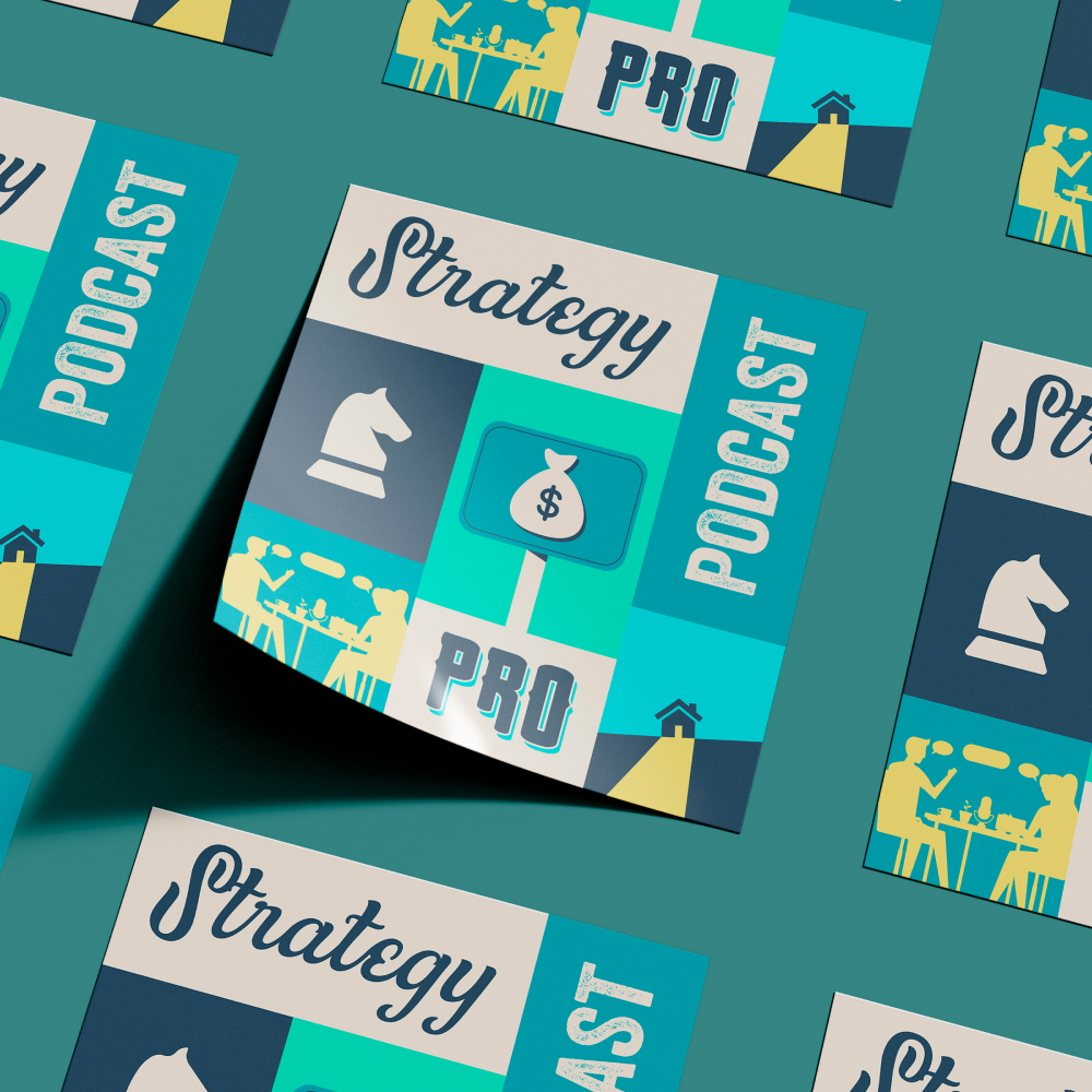 Full service 2 Blue and teal patterned image showcasing Strategy, Podcast, and Pro. With chess pieces and a money bag, it hints at planning and finance. Perfect for those seeking expertise through unlimited graphic design services or a design subscription.